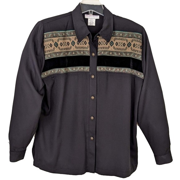 Megan Moore Vintage Embroidered Velvet Trim Black Shirt Women's Size 18W - Picture 2 of 7